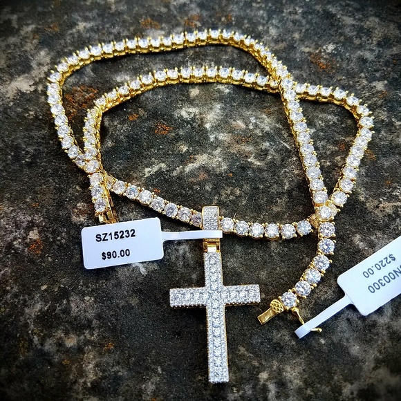 primobling Other - 14k GP Simulated Diamond Cross & Tennis chain Set